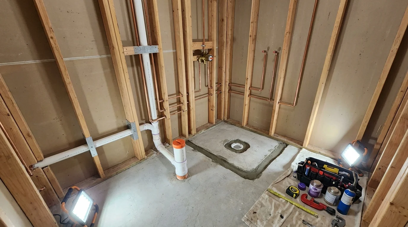 Bathroom rough-in plumbing during remodel by Johns Plumbing LLC in Pratt