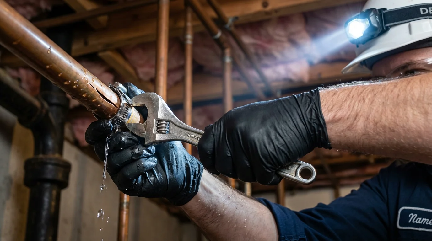 Emergency pipe clamp repair being performed by a Johns Plumbing LLC plumber in Pratt