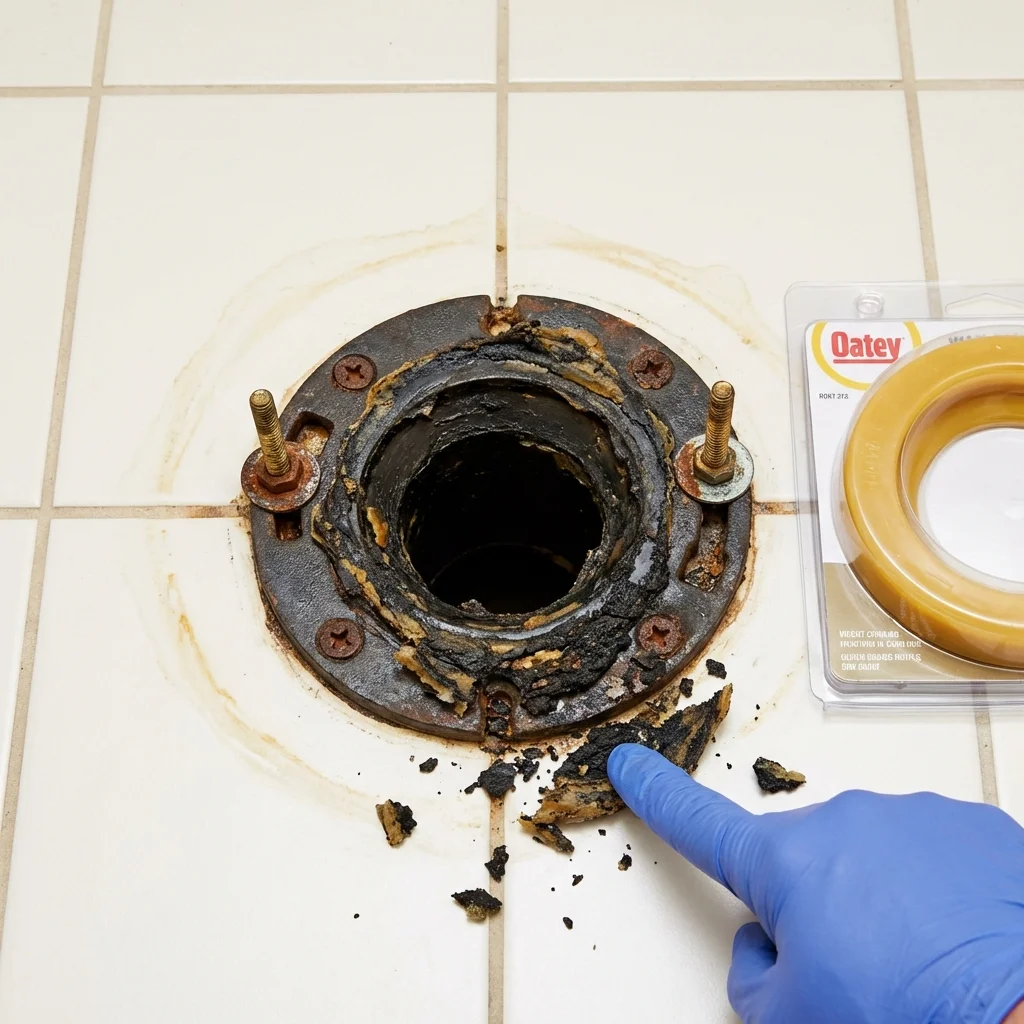 Failed wax ring showing water seepage at the base of a toilet in a Pratt, KS home